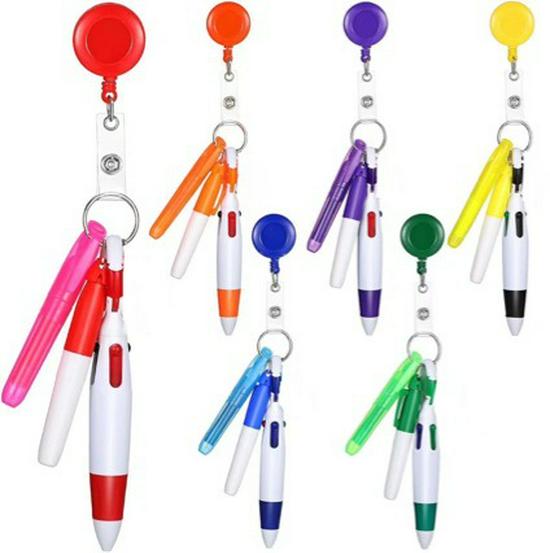 Geri Çekilebilir Kalem Seti (Neon Mini Fosforlu Kalem, LED Anahtarlık ve Rozet Klipsi ile)