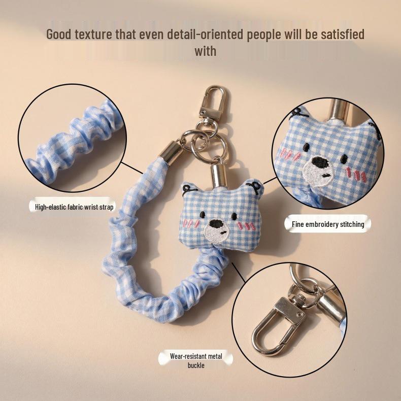 Plaid Fabric Phone Wrist Strap & Keychain with Elastic Hair Tie