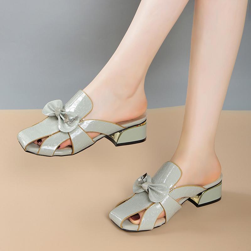 Fashion Female Baotou Slippers Summer New Round Head Hollow Open Toe Butterfly Knot Anti-slip Wear-resistant Heel Shoes