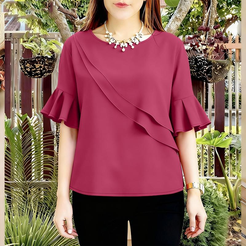 ZANZEA Women Casual Round Neck Solid Color Ruffles Half Sleeve Blouse
