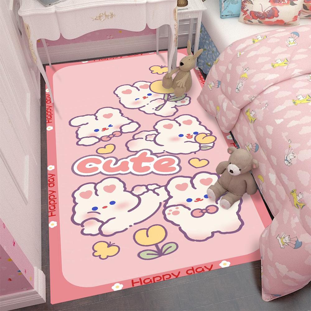 Cute Cartoon Happy Day Pink Bunny Rabbit Carpet for Children's Bedroom with Rabbits and Hearts Mat Kids Decor Room Floor Mat