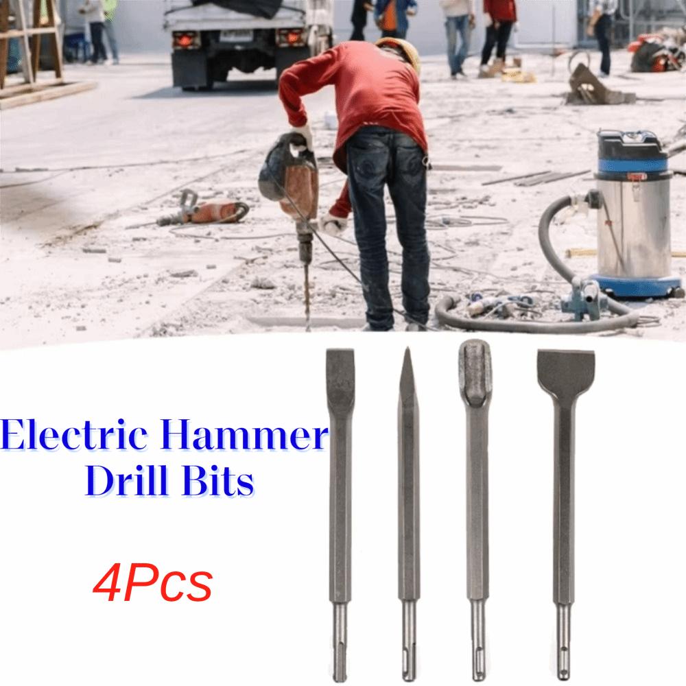 4Pcs Pointed /Flat Bit Hammer Drill Bit Round Shank Rotary Hammer Gouge Set  Tile Slotting