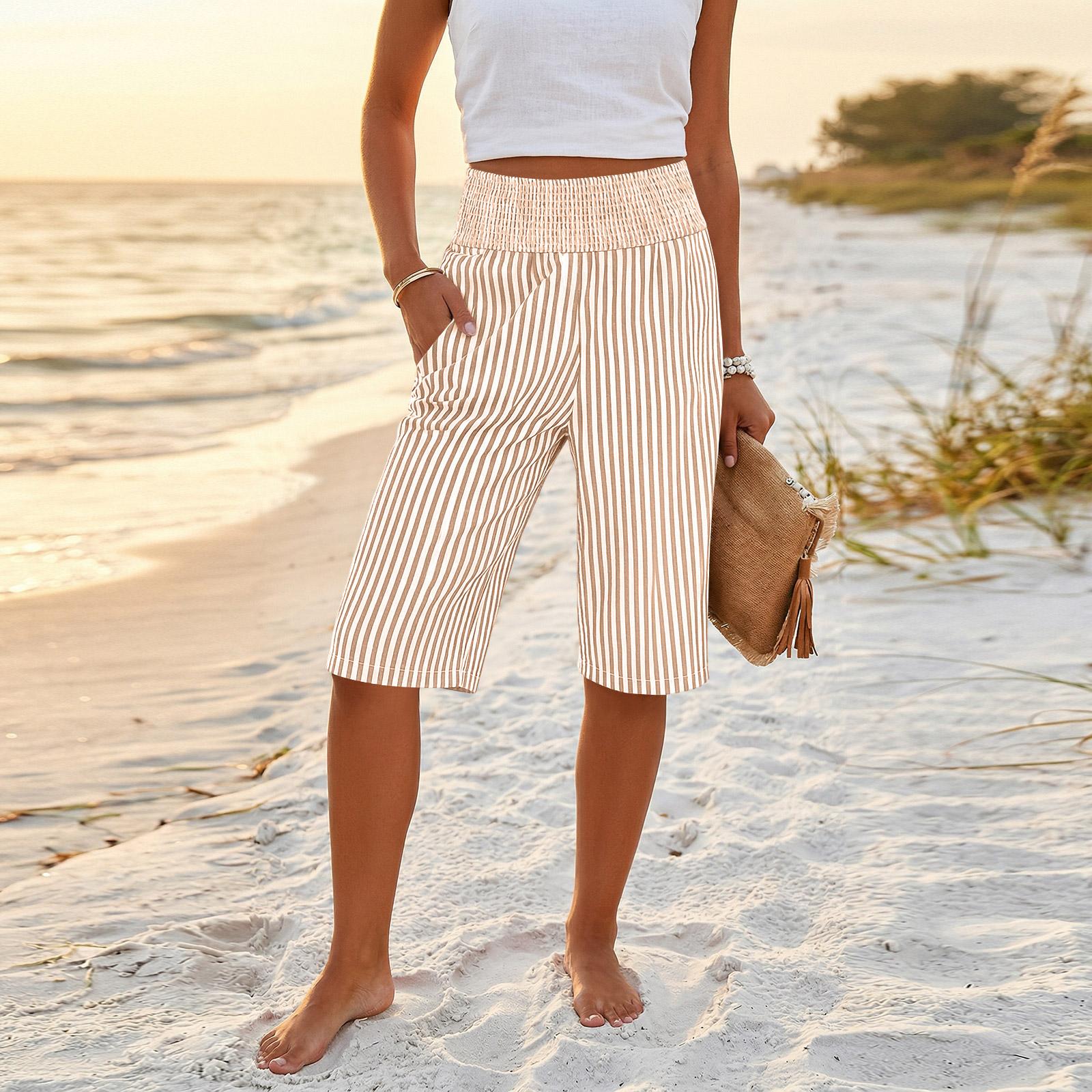 Womens Palazzo Pants Summer Casual Flowy Wide Leg Trousers Beach Travel Vacation Outfits L бежевый