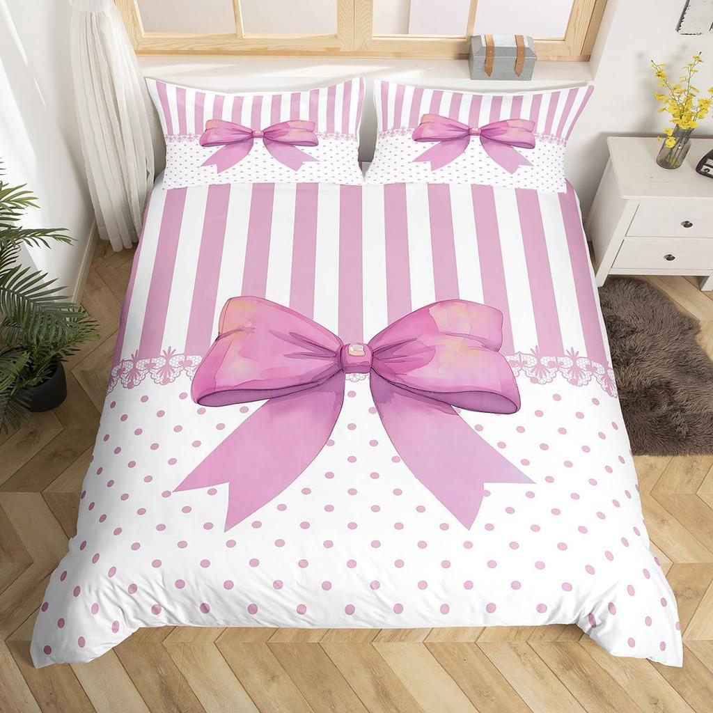 Dreamy Pink Bow Duvet Cover Queen King Size Princess Style Cute Bow Print Suitable For Kids Girls Teens Bedroom Decoration 3 Pcs