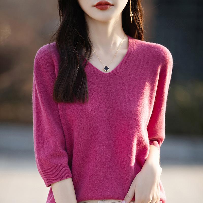 Women S Short Sleeve V Neck Solid Color Knit Pullover Top