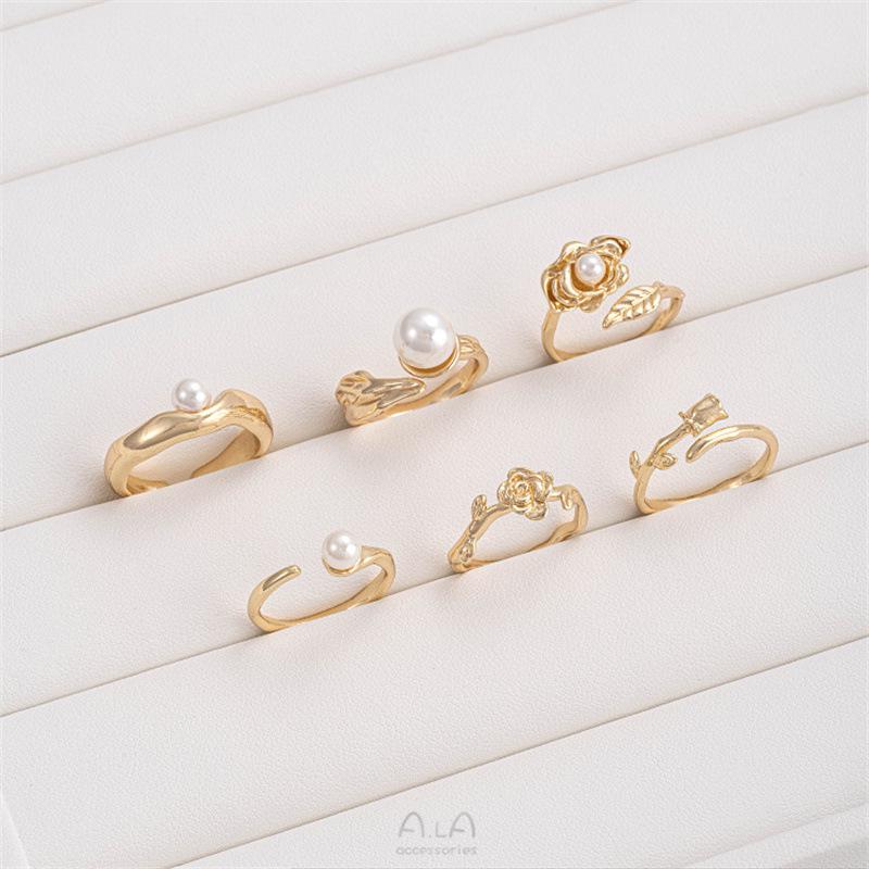 14K Gold Filled Rose Tulip Leaf Bead Cap Ring with Glue-In Pearls