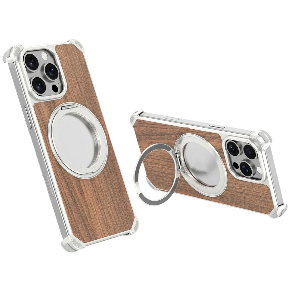 For iPhone 16 Pro Max Magnetic Case Wood + Metal Frameless Hollow Design Phone Cover with Rotating Kickstand