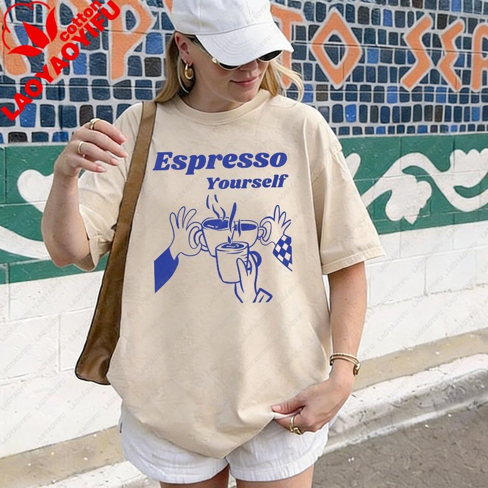 Espresso Yourself Coffee Graphic Shirt Retro 70s Typography Funny Coffee Pun Print Barista Aesthetic Casual Tee Unisex Unisex Tops