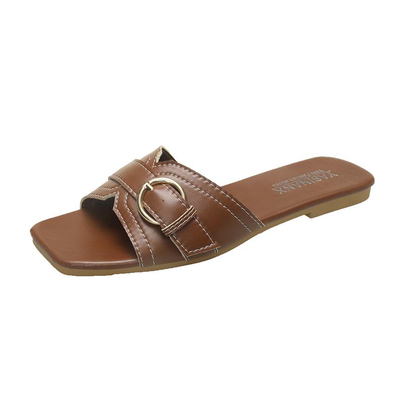 2025 summer slippers women's outer wear niche diagonal cut square head bright line belt buckle flat bottom cool slippers versatile