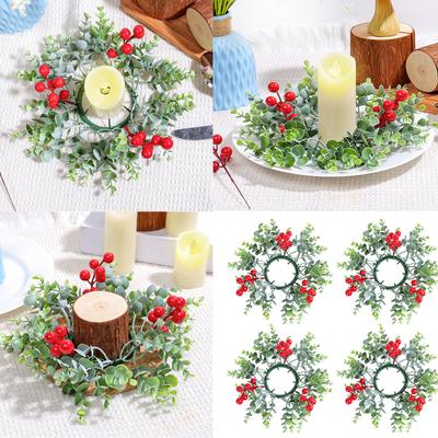 Christmas Artificial Berries Candle Holder Rings Candlestick Wreath Decoration for Festivals Party Home Centerpieces