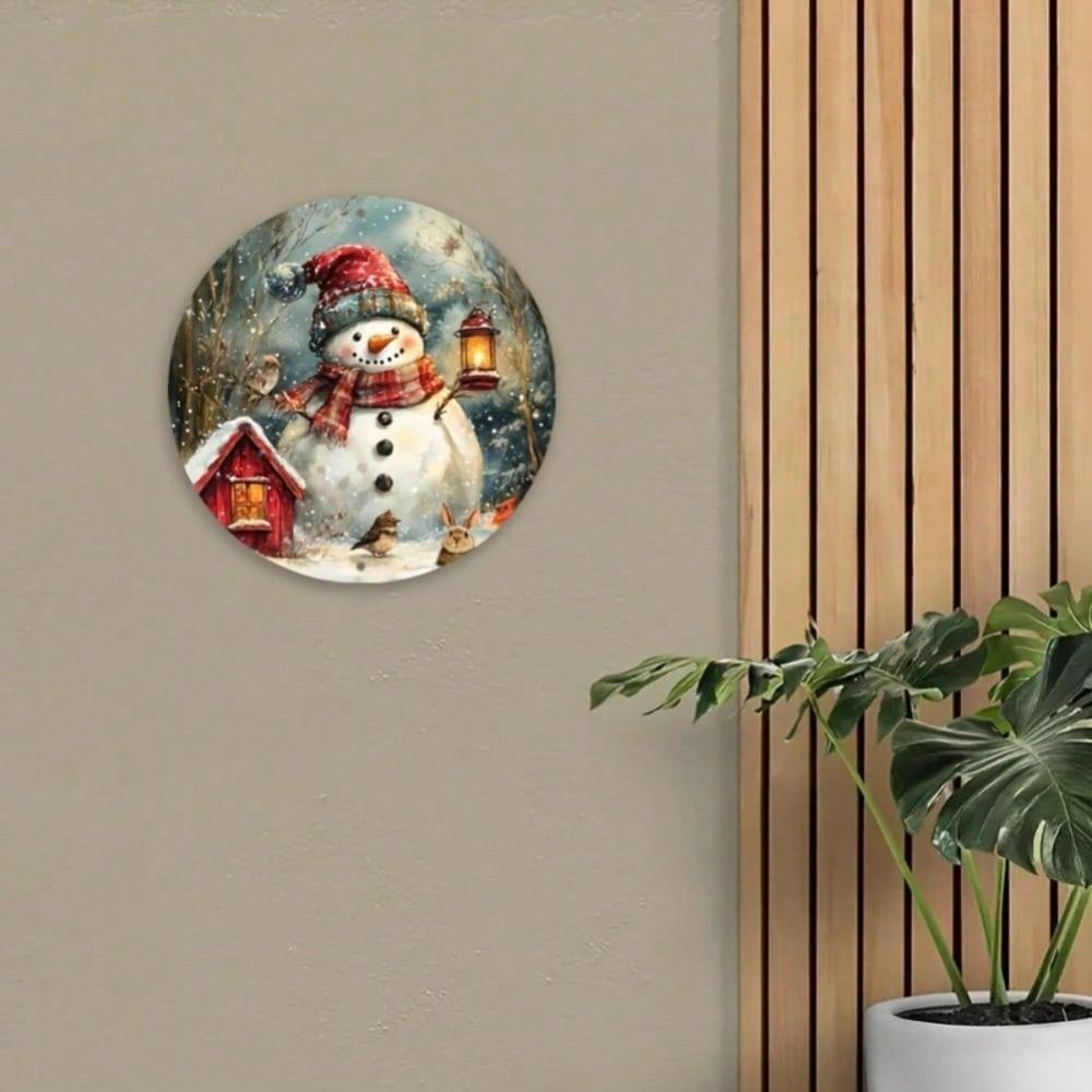 Round Snowman Metal Tin Sign 7.87x7.87 inch Reusable Wall Art for Christmas Bar Winter Home Yard Decor Mixed Color