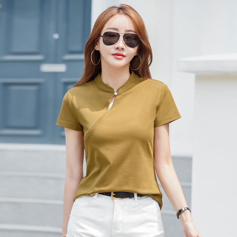 Summer Women's T-shirt Chinese Style Slim Standing Collar Short Sleeve Top