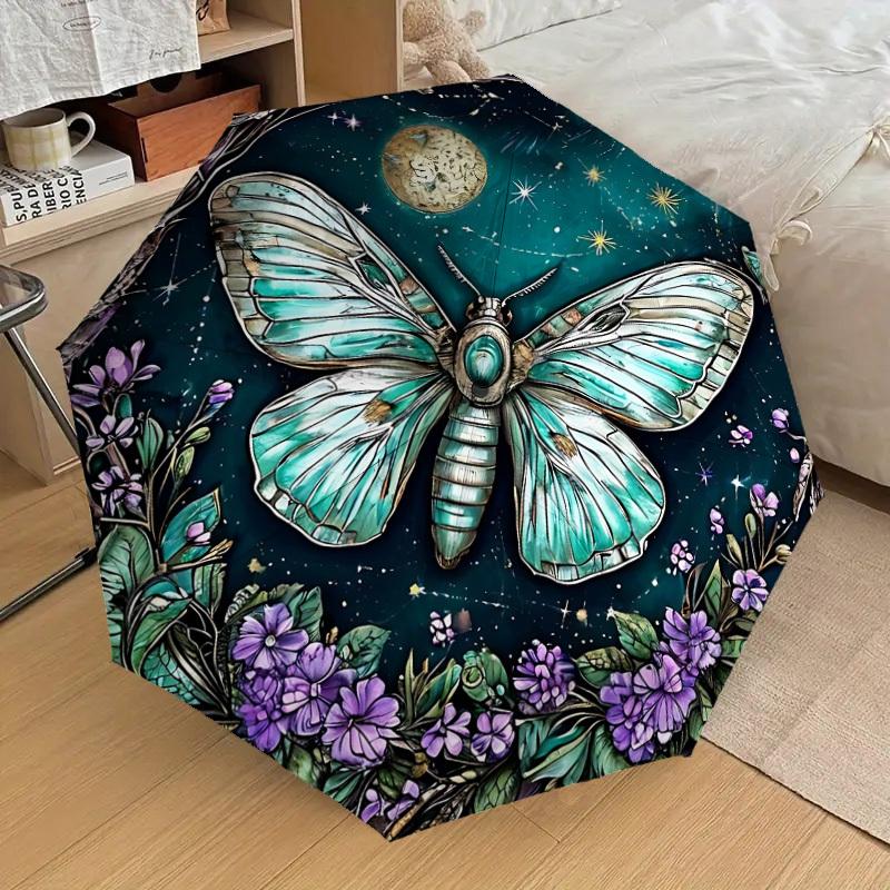 1pc Butterfly Night Garden Fashionable Automatic Opening/Closing Folding Umbrella with 8 Iron Bones, Plastic Handle yy251015071
