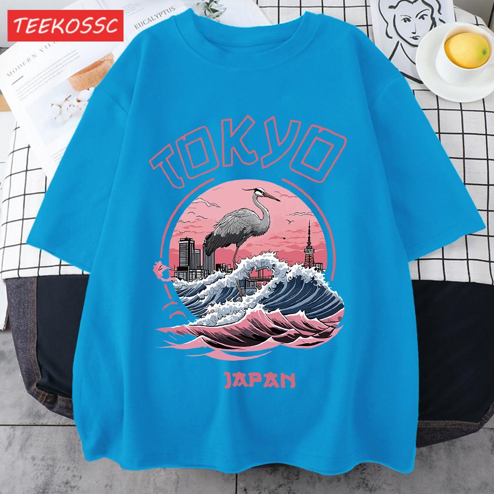 Tokyo Japan Harajuku Crane Waves Men TShirt AllMatch Casual Short Sleeve Cotton Summer Tee Male Hip Hop ONeck Streetwear