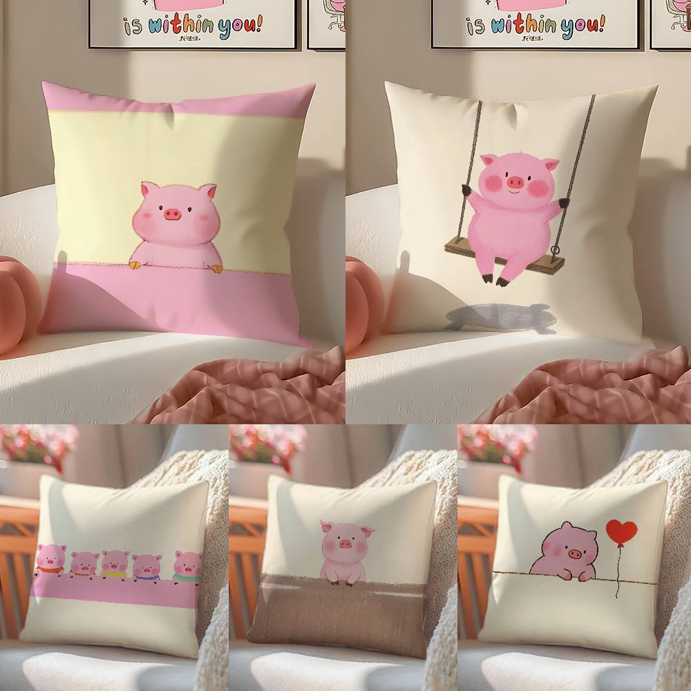 Pretty Elegant Cartoon Cute Pink Pig Pillow Case Comfort Sofa Bed Silky Elegant Invisible Zipper Decorative Cushion Cover