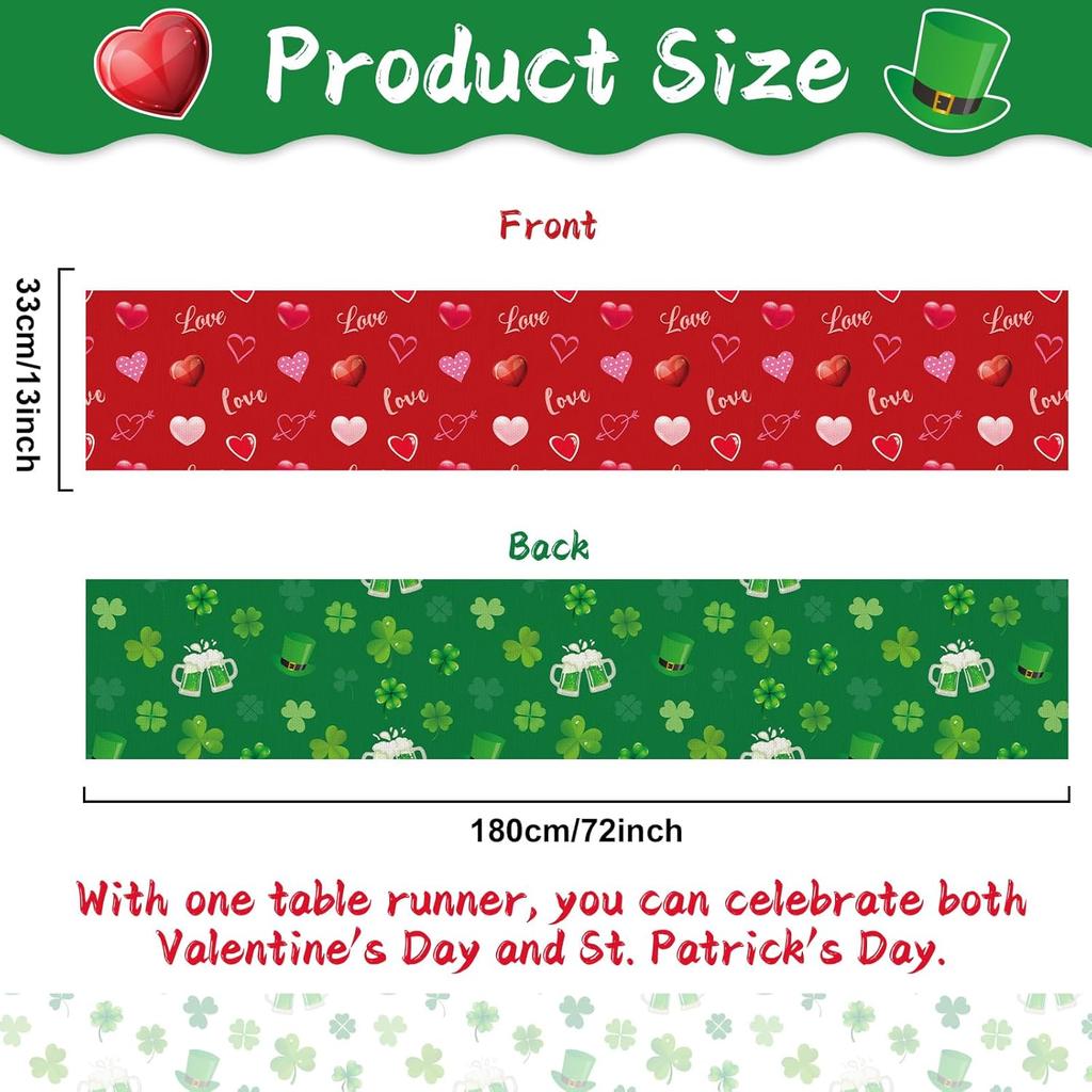 St. Patrick's Day Linen Table Runner Valentine's Day Table Runner St. Patrick Love Heart St. Patrick's Day Shamrock Table Runner for Dinning Kitchen