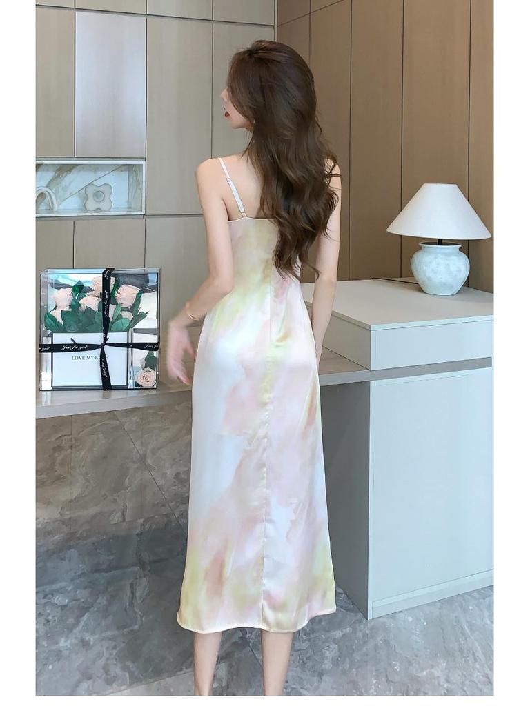 In-Stock French Cowl Neck Satin Print Spaghetti Strap Summer Dress