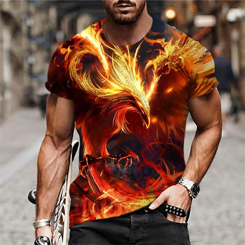 Fantastica T-shirt con Stampa Fenice Fiammeggiante da Uomo Personalità Cool Streetwear Manica Corta T-shirt Harajuku Tendenza Maglietta da Uomo