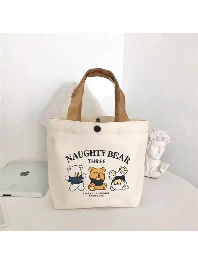 Bear Canvas Bag Discount Students Office Workers All-match Lunch Box Simple Bento Small Handbag Women's Fashion Environmental Protection