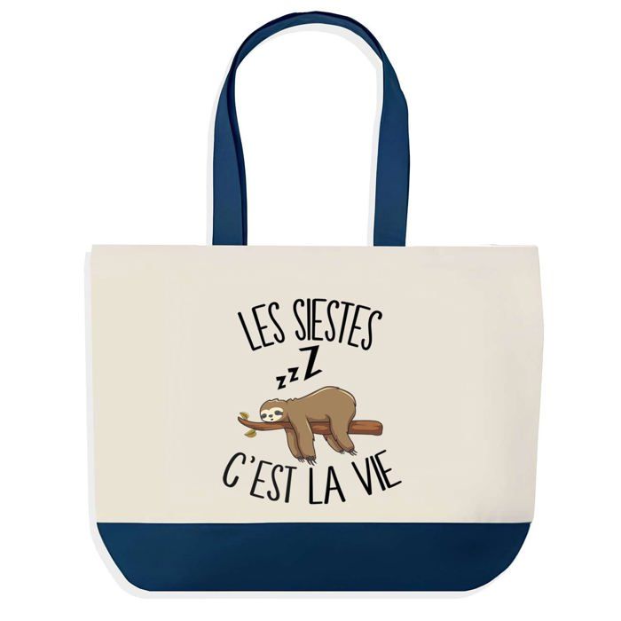 Tote bag - PLANETEE - Sieste c'est la Vie - fond bleu - coton 40x45 cm - grand format