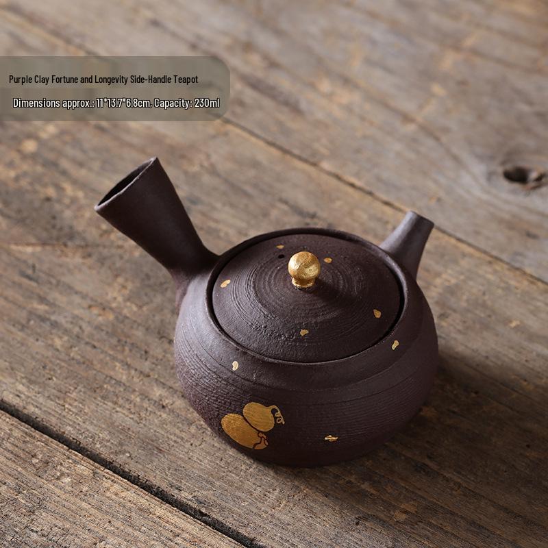 Hand-Painted Purple Clay Teapot with Golden Gourd Design - Retro Ceramic Fu Lu Tea Set