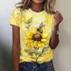 Sommer Einzigartiges und Einfaches 3D-gedrucktes Zwergbienen-Sonnenblumen-Element Rundhals Kurzarm Damen T-Shirt