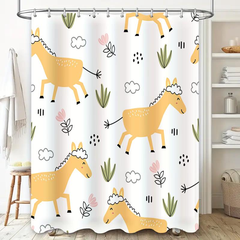 Modern Bathroom Decor Shower Curtain With Cartoon Animal Print White Flower Clouds Pattern For Kids Bathrooms Waterproof Fabric