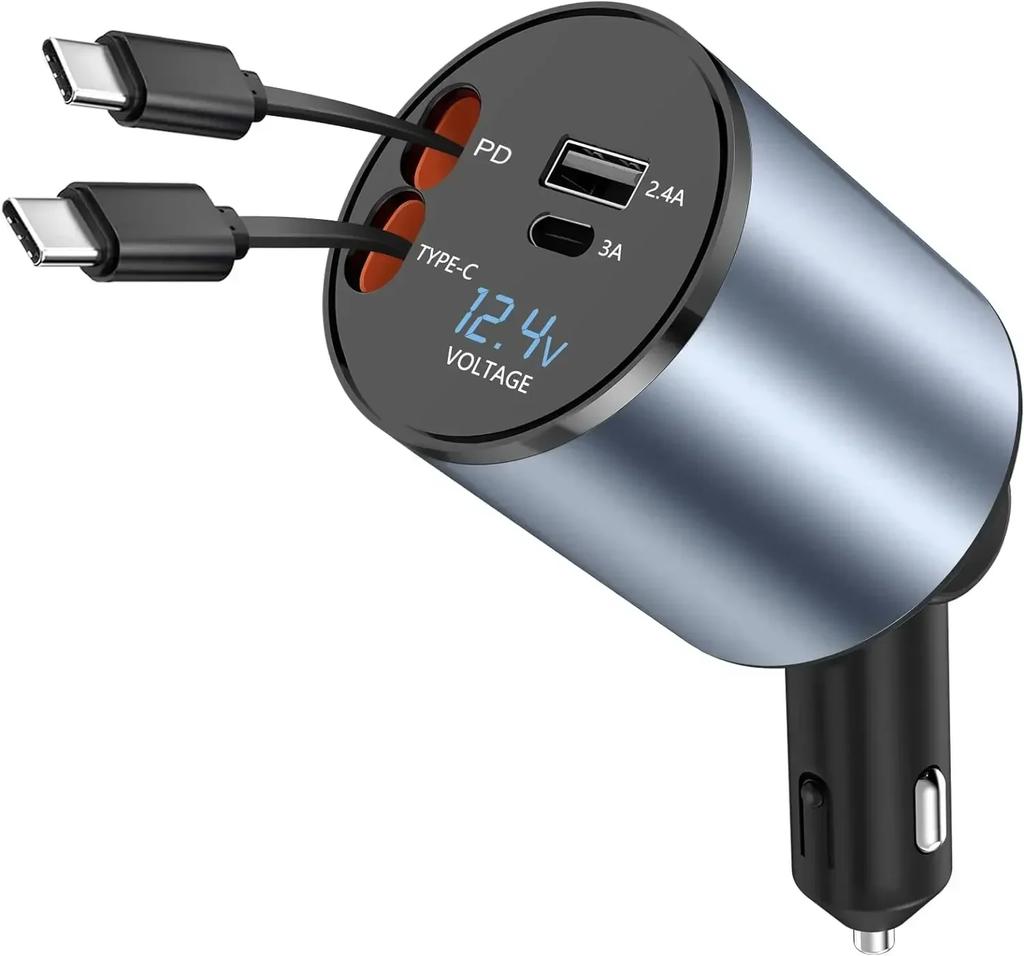 VIKEFON 4 In 1 120W Car Charger Retractable with Dual Retractable Cable Dual USB Ports Car Charger for iPhone 15 14 13 Pro Max