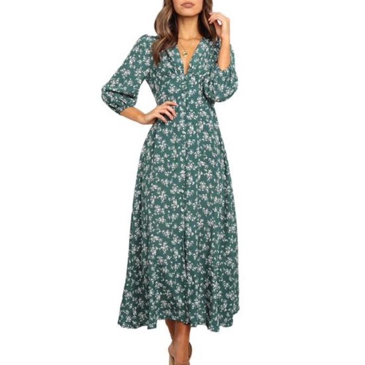 Floral Print Maxi Dress for Women Long Sleeve V Neck High Waist A Line Long Dress Casual Wear for Beach Weddings Parties