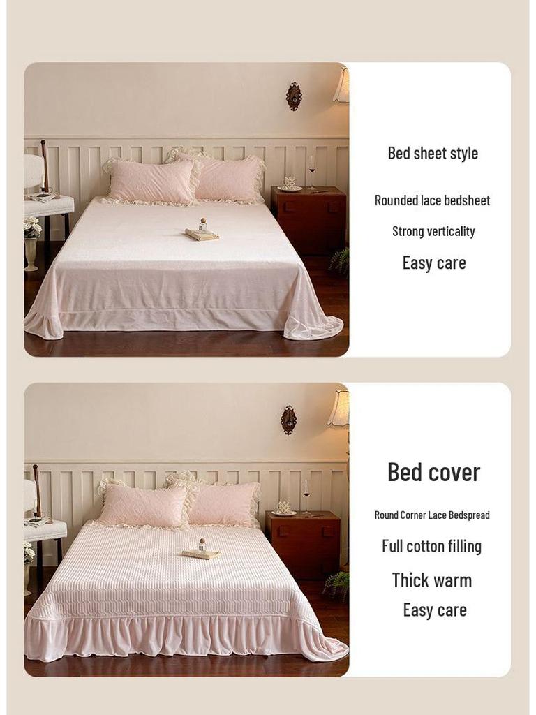 G5Z Princess Milk Velvet 4-Piece Set: Extra Thick French Lace Bedspread & Fitted Sheet