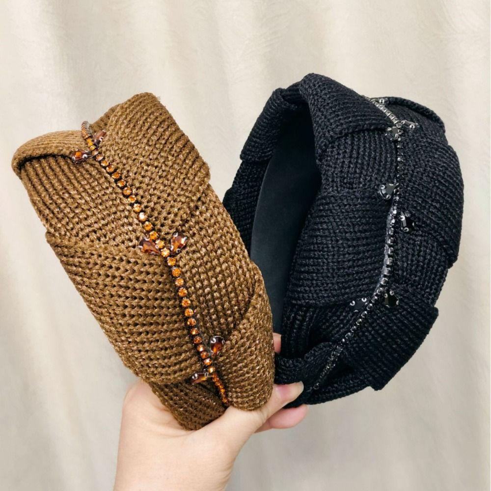 Knitted Fabric Wide Headband Wide Width Rhinestone Headband Stylish Retro Hair Hoop Daily Wear
