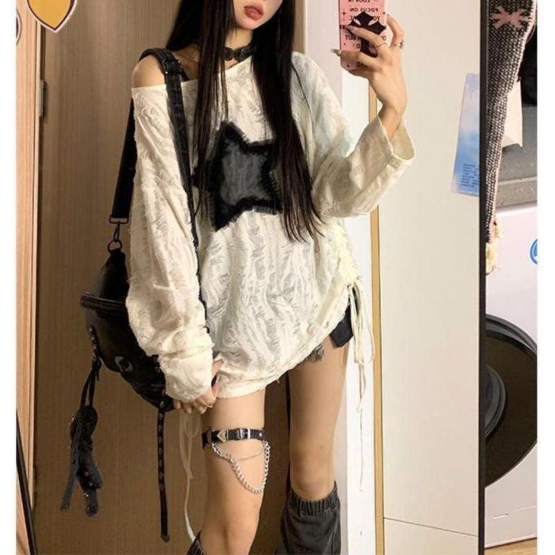 

American Star Printed Hole Women s New Autumn Hot Girl Loose Round Neck Long Sleeve Bottoming Shirt Trendy Top XL білий