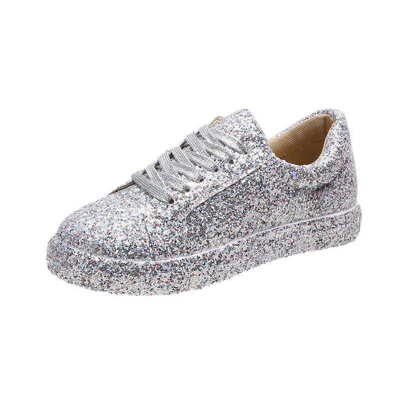 

Plus Size Women s Lace-up Sequin Sneakers - Spring/Autumn 2021, Comfortable & Fashionable Casual Shoes 35 серебряный