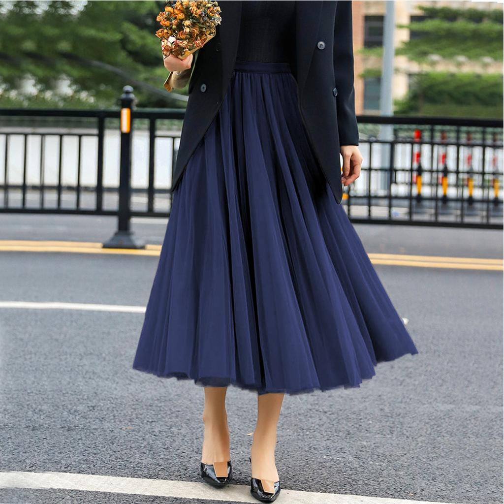 Women's Fashionable Color Loose Mesh Skirt, Elastic High Waist Large Swing Skirt, Pleated Skirt