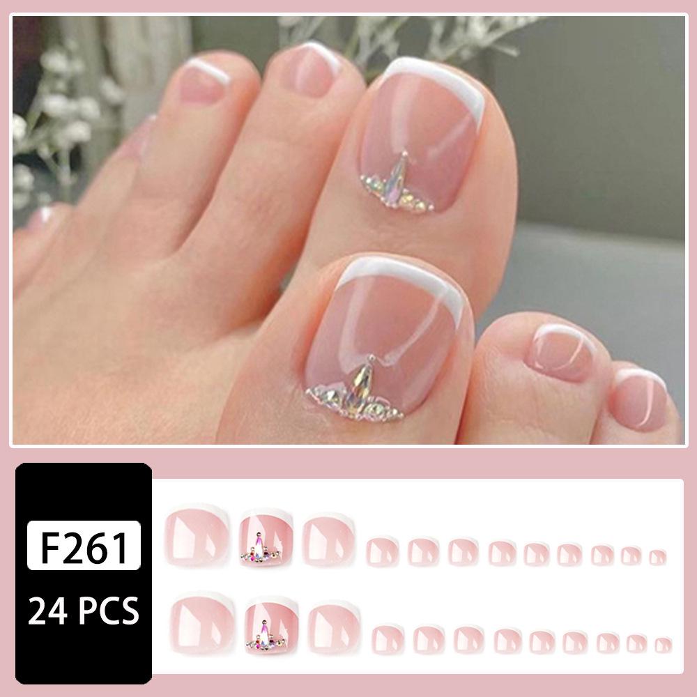 24-Piece Minimalist French Bling Press-On Toenails with Pink Glitter & Rhinestones