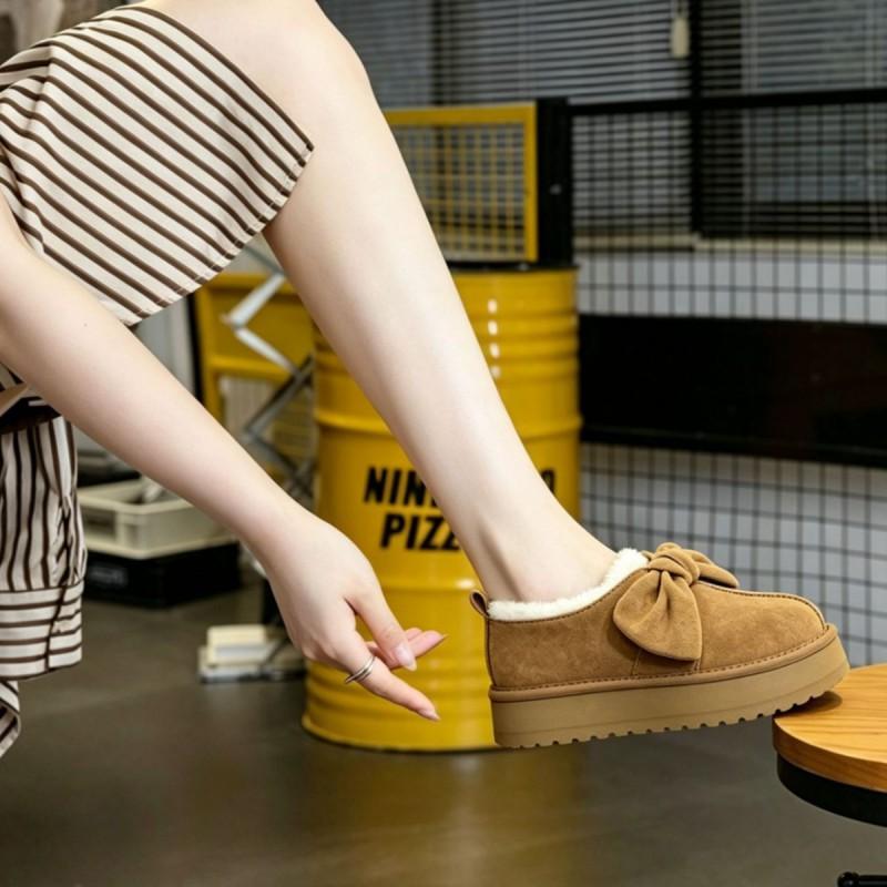 Womens Winter Flat Snow Boots With Bow Detail Genuine Leather Fur-Lined Slip-On Ankle