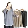 Plus Size Korean Patchwork V-Neck Long Sleeve Sweater - Women's Autumn/Winter Loose Fit Fashion Top