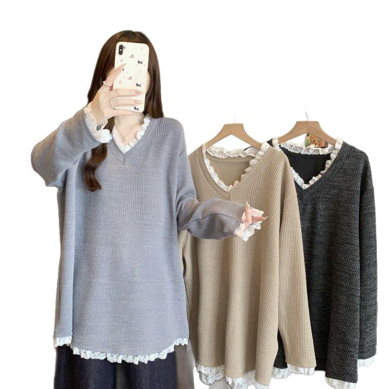 Plus Size Korean Patchwork V-Neck Long Sleeve Sweater - Women's Autumn/Winter Loose Fit Fashion Top