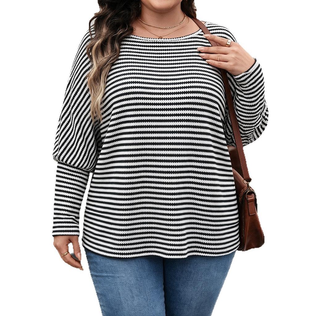 Women's Large-size Striped Long-sleeved Top with Round Neck and Loose Knit. Casual Base Layer Shirt.