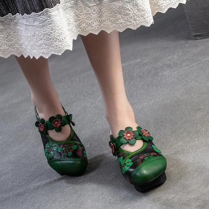 Johnature Etnische Stijl Dikke Hak Ronde Neus Buitenslippers Retro Bedrukt Echt Leer Dames Schoenen