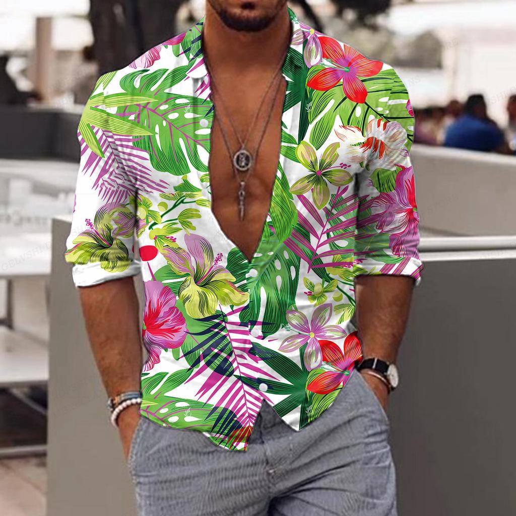Herren Blumenhemd Tropic Leaf 3D-Druck Hemden Männer Mode Hawaiihemd Lässige Strand Kurzarm Bluse Herren Revershemd Junge