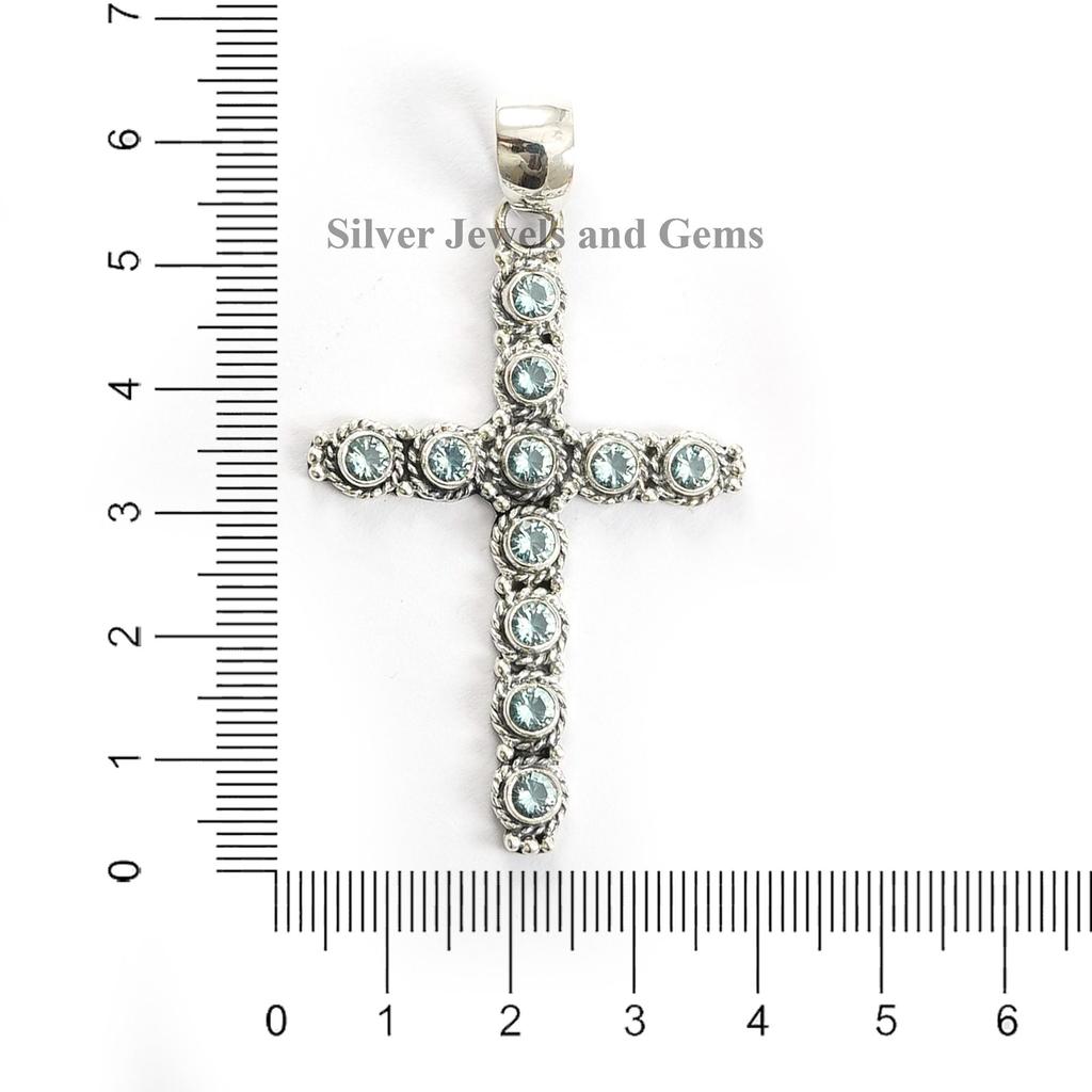 Natural Blue Topaz Cross Pendant, Anniversary Pendant, Round Gemstone Pendant, 925 Sterling Silver Pendant, Topaz Handmade Pendant