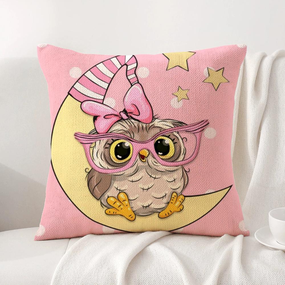 Cute Cartoon Owl Cushion Cover Natural Linen Organic Fabric DoubleSided Printing Sofa Home Decor Breathable Bed Pillow