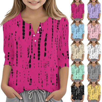 Print Tops For Youth Girls V Neck Button 3/4 Sleeves T-Shirts Trendy Tops Outfit Tees
