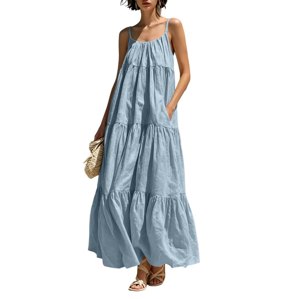 Womens Backless Spaghetti Strap Maxi Dress Summer Casual Flowy Tiered Long Sundress Beach Vacation Sleeveless Dress
