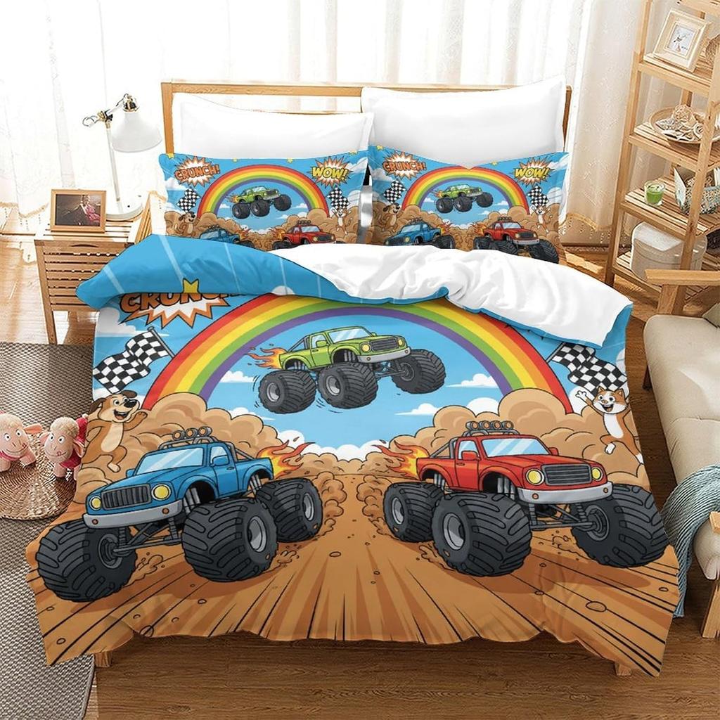 Cartoon Monster Truck Duvet Cover Microfiber All-Season Bedroom Decor Monster Truck Bedding Sets for Kids Teenagers Home Gifts