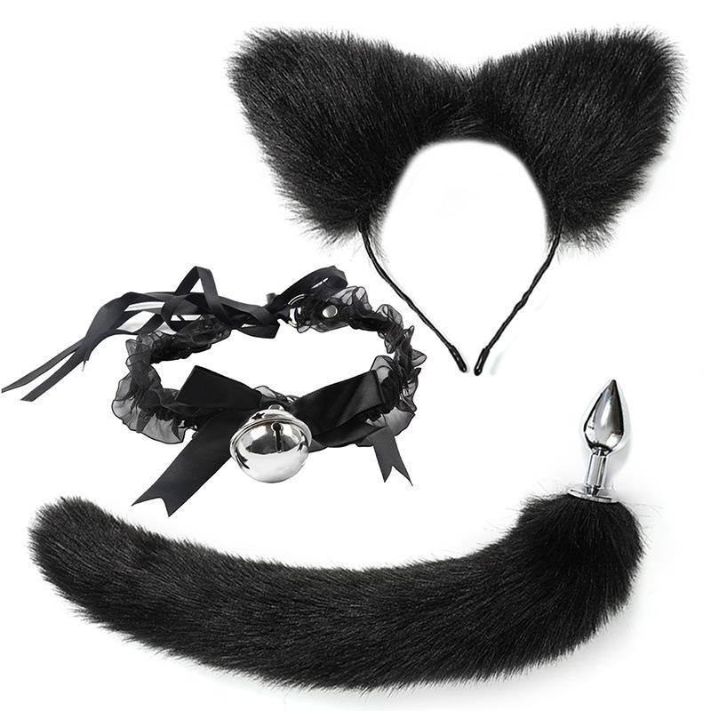 VaHppy SM Sex Toy Sets role-playing Fox 5pcs/lot Plush Anal Plug Tail Bell Collar Mouth Plugs White/Black/Pink Couple games