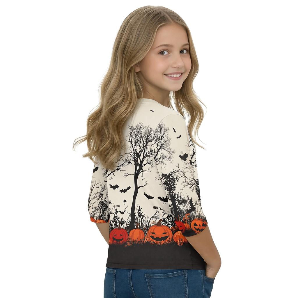 Kids Halloween Printed T-Shirt 3/4 Sleeve Round Neck Casual Top with Pumpkin Witch Design