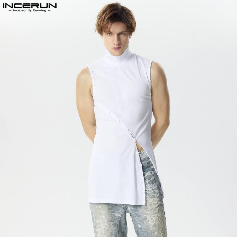 

INCERUN Мужская водолазка без рукавов с косыми пуговицами и длинными топами с разрезом