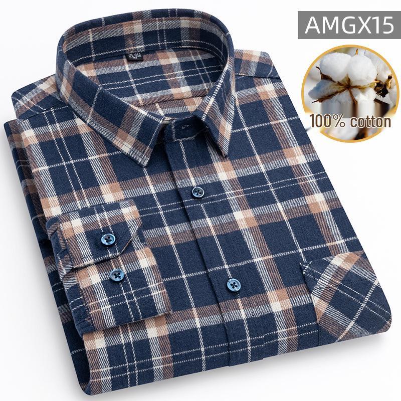 New Men's Plus Size Brushed Cotton Plaid Long Sleeve Shirt for Middle-Aged & Elderly with Straight Hem